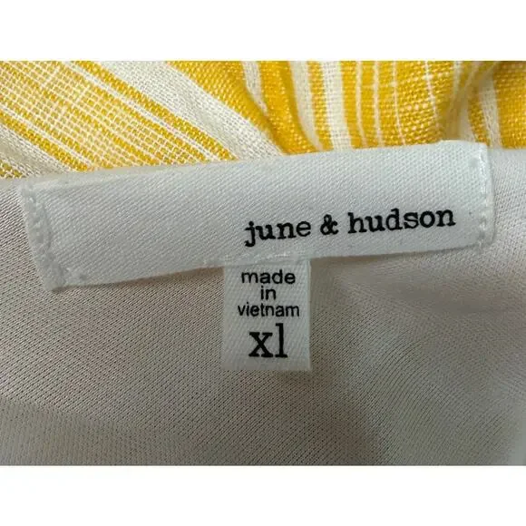 June & Hudson Yellow Stripe Ruffle Dress XL Linen Blend Belted Summer Beach EUC - Picture 7 of 9